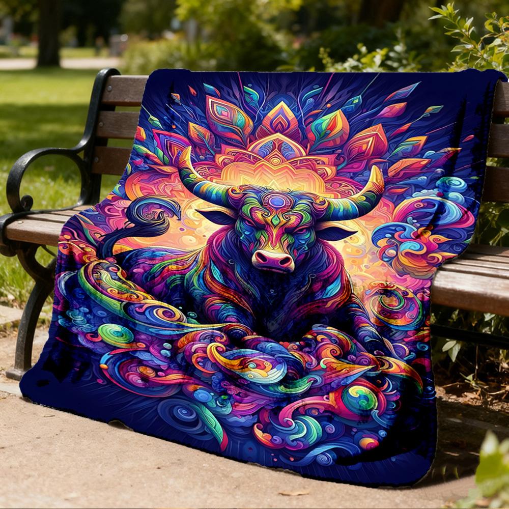 1pc Bull Artwork Throw Blanket Polyester Fiber, Lightweight Flannel, Soft & Warm, All Season Use for Outdoor, Camping Digital Print