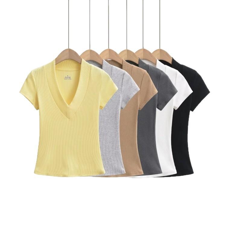 Summer New Female American Spice Girl Solid Color Dark V-neck Short-sleeved T-shirt Design Sense Splicing Slim-fitting Waist Bottoming Shirt
