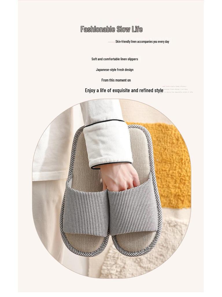 Gestreifte Leinen Sommer Hausschuhe für Damen und Herren - Rutschfest, Weiche Sohle, Atmungsaktiv, Geräuscharmes Design.