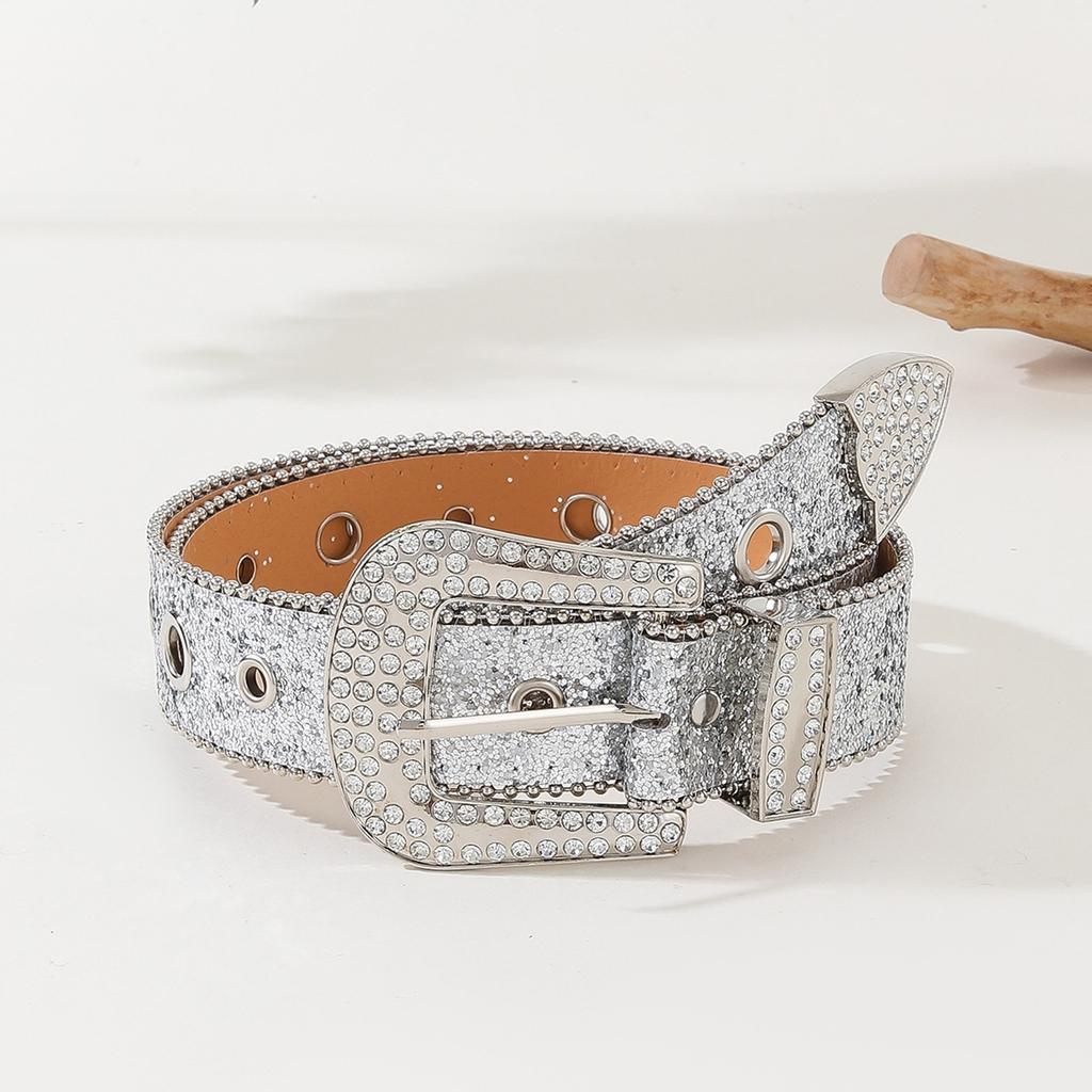 Rhinestones Belt for Women with Beaded Trim Glittering Buckle Hiphop Belt for Jeans Pants Fashion Decorative Waistband