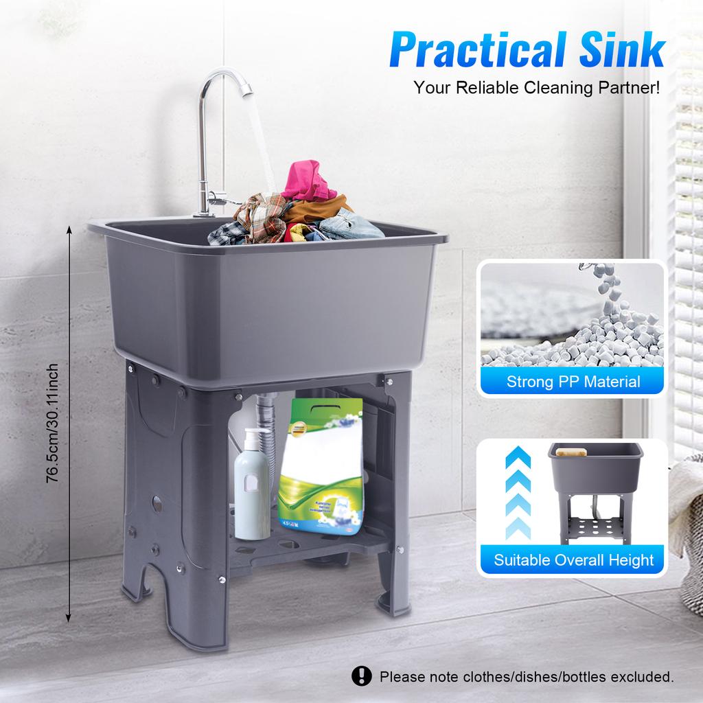 Freestanding Utility Sink with Faucet, 48L Large Laundry Sink, Grey/Black PP Basin for Laundry Room, Garage, Kitchen