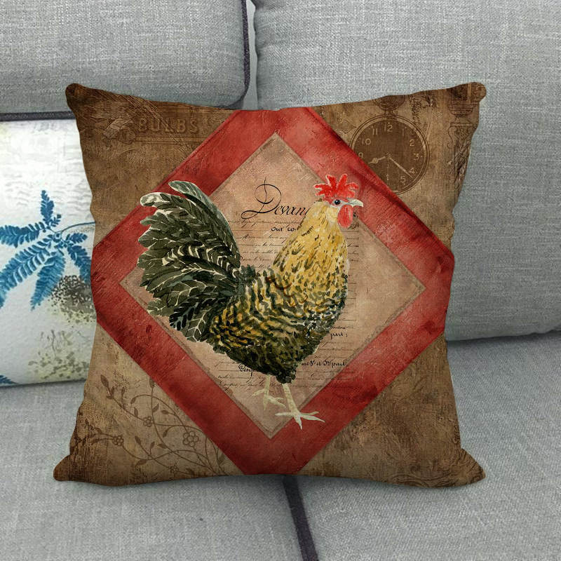 Nordisches Vintage Hahnenmuster Digitaldruck Kurzflor Kissenbezüge für Auto Sofa Büro Kissenbezug Heimartikel