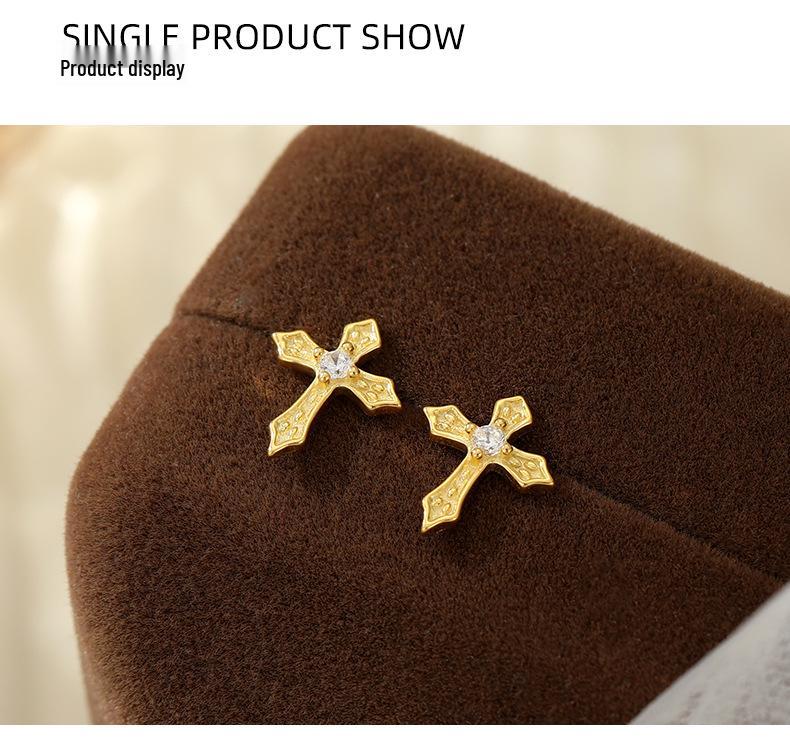 S925 Korean Silver Zircon Cross Earrings - Single Diamond, Personal and Simple Design