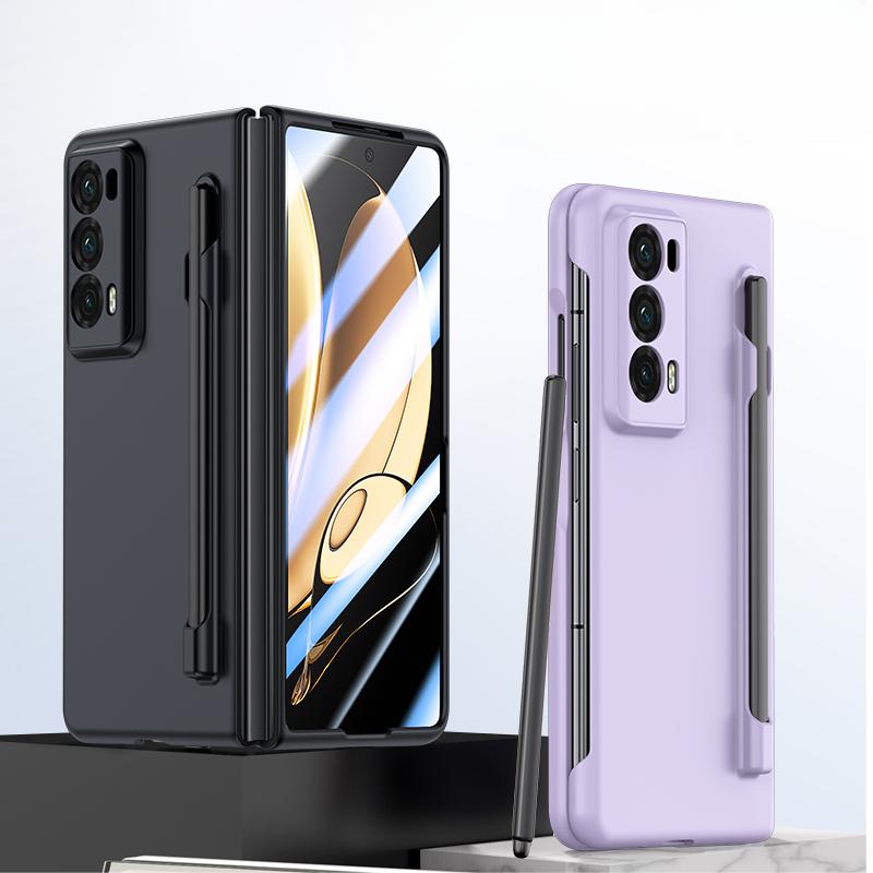 Luxury Armor Case for Honor Magic V2 Matte with Pen Skin Feel Transparent Screen and Solid Color Back Shockproof Hard Plastic Cover