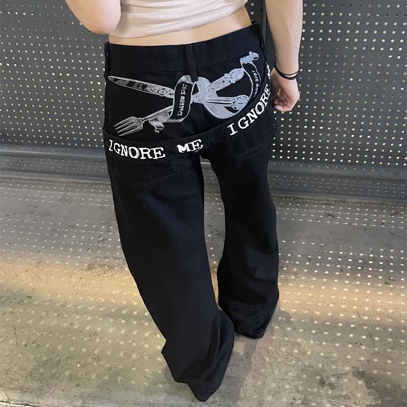 

Women s Streetwear Black Knife Fork Print High Waist Jeans S чёрный