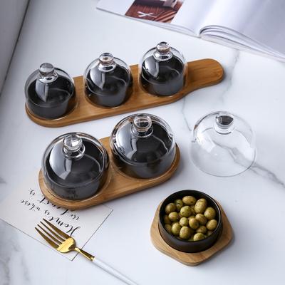 Ceramic Dessert Bowl with Bamboo Tray and Glass Cover – Nordic Snack, Fruit, and Ice Cream Dish