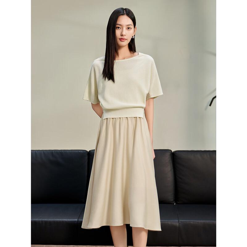 Jiuzi Annakou Women's Elegant Fake Two-Piece Patchwork Waist-Cinching Dress