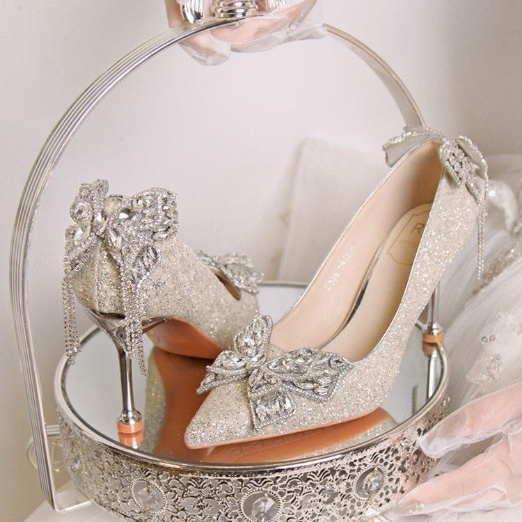 Autumn new pointed single shoes thin heel shallow mouth pearl bow high heels glossy bridesmaid wedding shoes