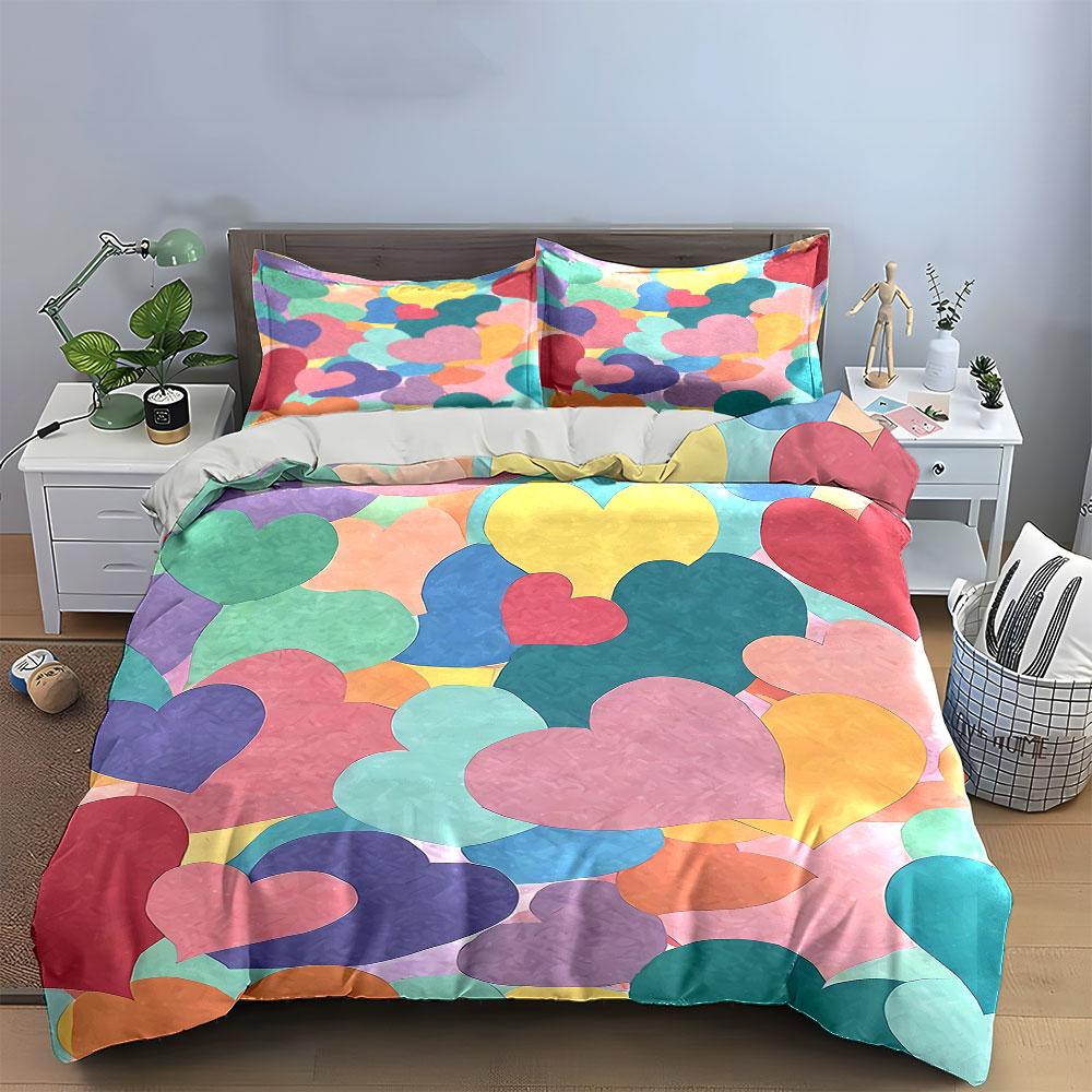 Buntes Herzmuster Bettwäscheset Bettwäsche Bettbezug-Set Bettbezug Kissenbezüge (1 * Bettbezug 2 * Kissenbezüge, ohne Bettdecke)
