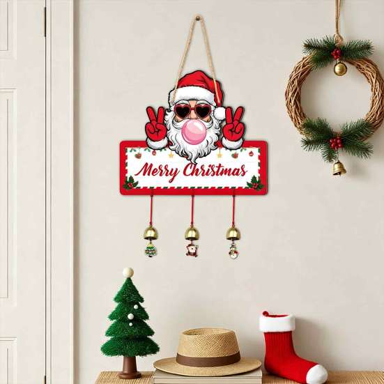 Santa Claus Wall Ornament Merry Christmas Wooden Door Hanging Sign with Bells, Rustic Snowman Black Cat Xmas Window Hanger Tree Reindeer Decorative