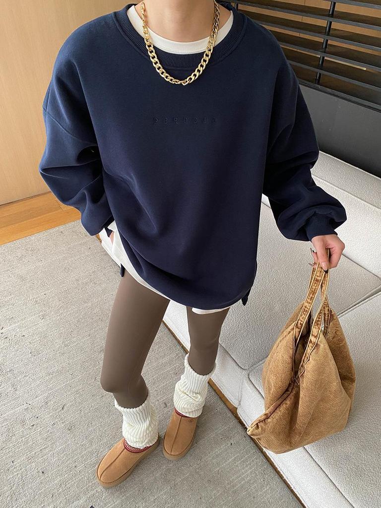 Sinan Holiday Blogger Style Embroidered Round Neck Drop Shoulder Plus Velvet Sweater SN6840