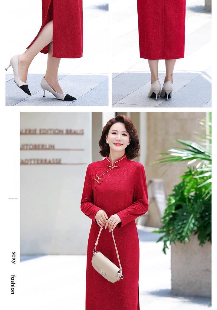 Mom's Autumn Qipao: Elegant Long-Sleeved Dress for Wedding and Banquet