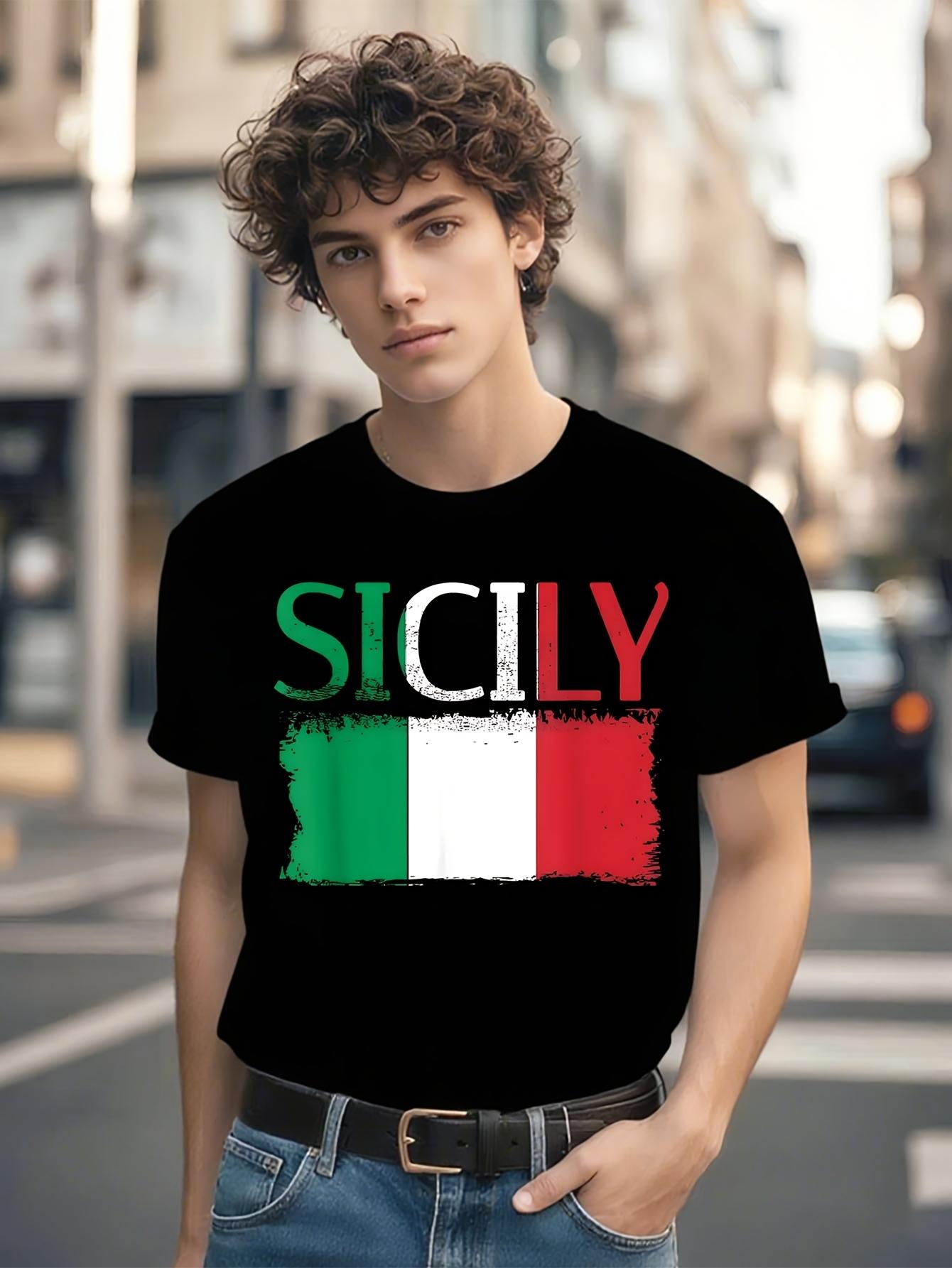 Vintage Sicily Italy Flag Graphic T-shirt - Distressed Print Casual Crew Neck Tee S