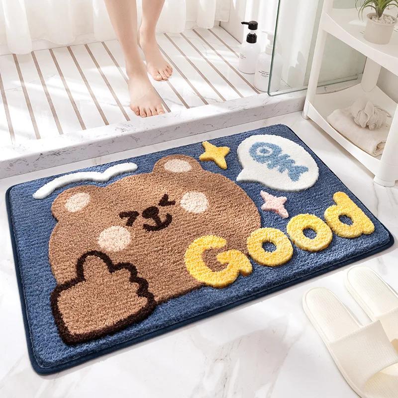 Cute Bear Bath Mat, High-Density Flocked Microfiber Rug with Super Absorption & TPR Non-Slip Backing, Quick-Dry Bathroom Decor
