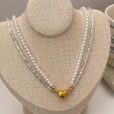 Women's Pearl Silver Double Magnetic Heart Pendant Necklace