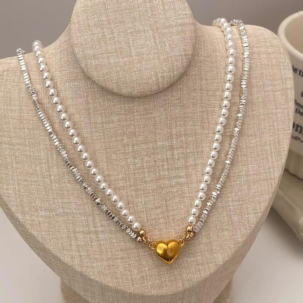 

Women s Pearl Silver Double Magnetic Heart Pendant Necklace Magnet Heart