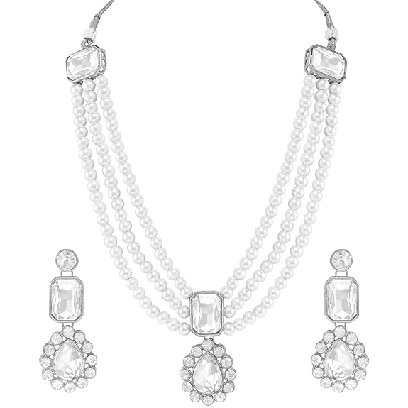 Gold Plated Kundan Long Necklace Earring Indian Traditional Jewellery Set for Women & Girls