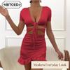 Women's Fashion Summer Spring Solid Color Print V-Neck Short Sleeve Casual Dresses