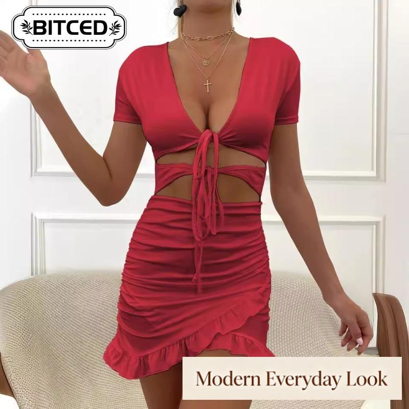 BITCED Women's Fashion Summer Spring Solid Color Print V-Neck Short Sleeve Casual Dresses