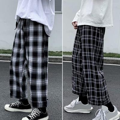 Men Pants Plaid Streetwear Wide Leg Elastic Waist Loose Sports Pants Trousers for Autumn