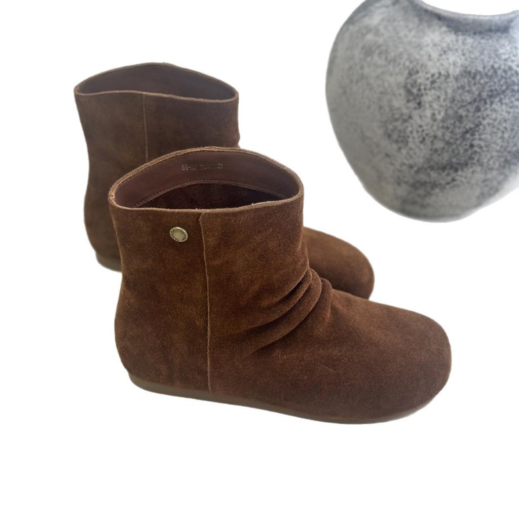 Cowhide Version~ Retro Style New Pleated Matte Leather Inner Height Increase Western Boots Women's Versatile Round Head Looks Thin