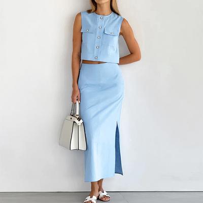 Summer Street Two Pieces Women Skirts Sets Split Ladies Blue O-neck Sleeveless Ladies Outfits Vest Tops Long Skirt Suit