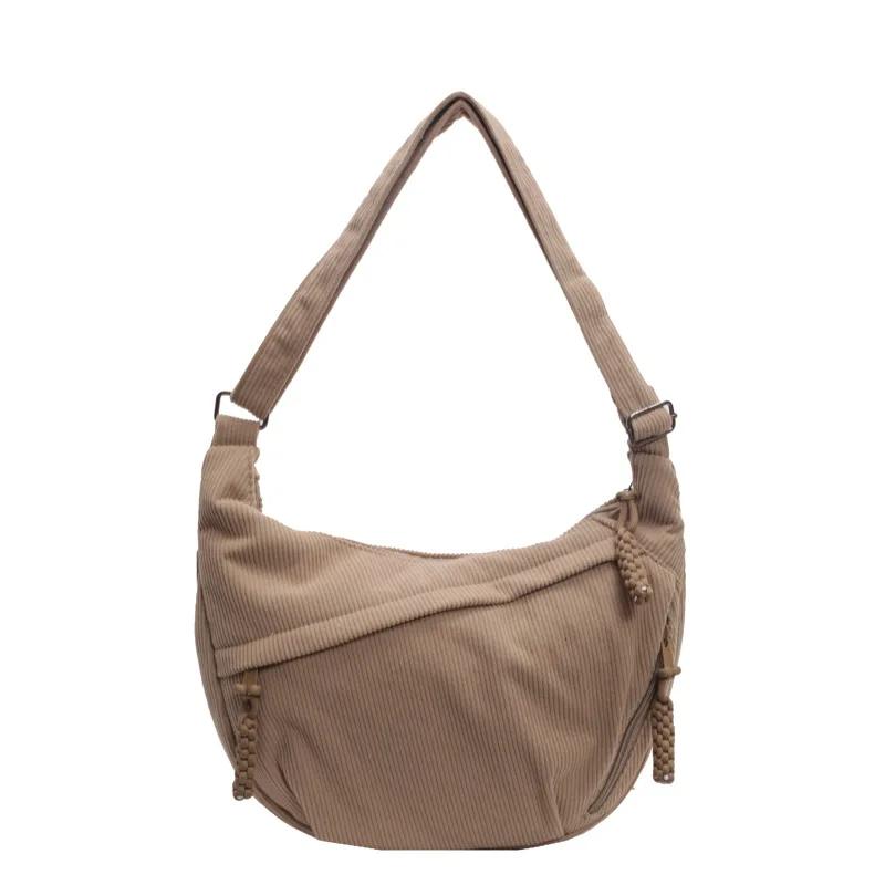 Corduroy Shoulder Bag Solid Women Crossbody Bag with Pockets Crescent Bag Everyday Sling Bags for School Travel Work bolsa