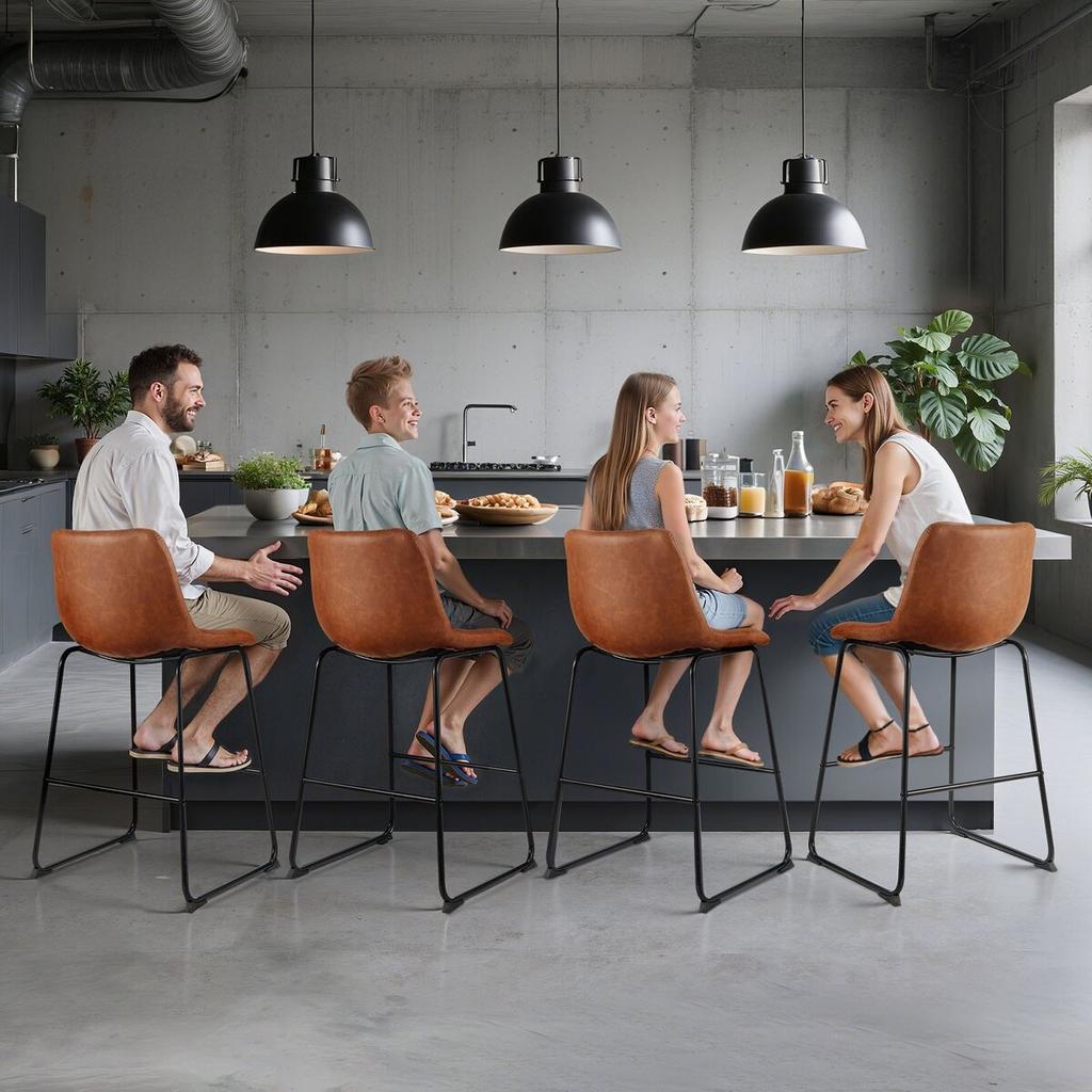 Bar Stool Set of 4, 65cm Counter Height Stools, Modern PU Leather Counter Barstool with Backrest, Metal Legs, Easy Assembly Armless Bar Chair, Island
