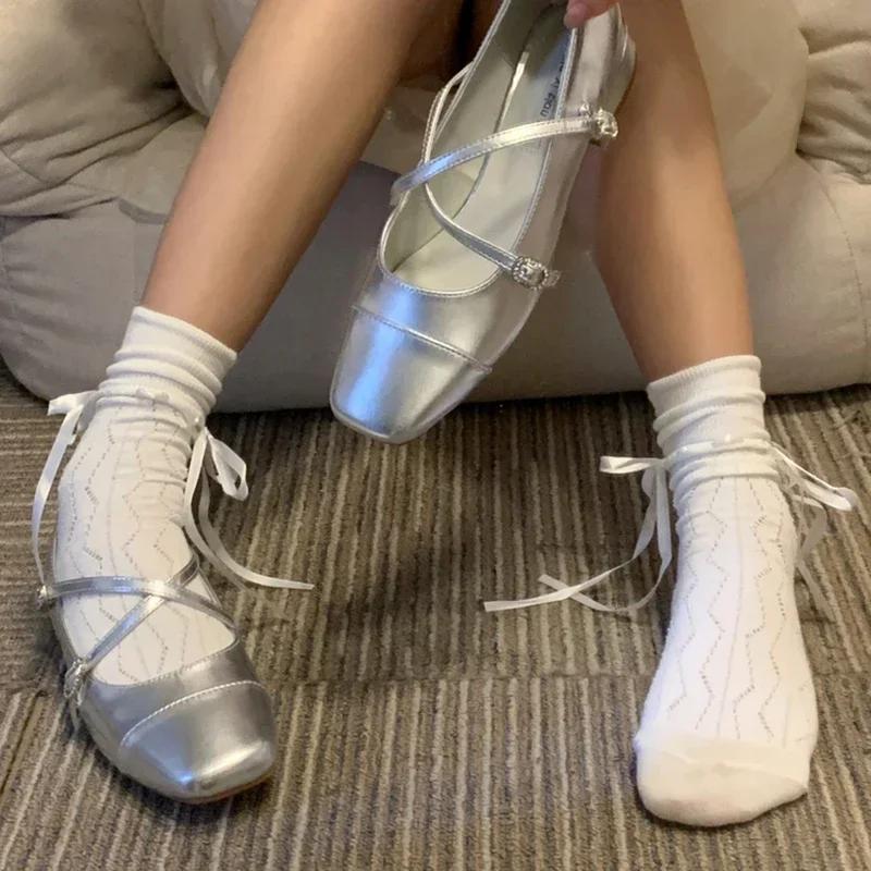 Spring Square Toe Ballet Shoes Fashion Low Heel Mary Jane Shoes Casaul Silver Cross Buckle Shallow Soft Sole Shoes