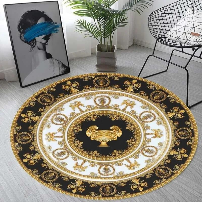 Nordic Retro Gold Printed Round Sponge Carpet Living Room Bedroom Mat Home Bathroom Non-slip Floor Mats Decoration