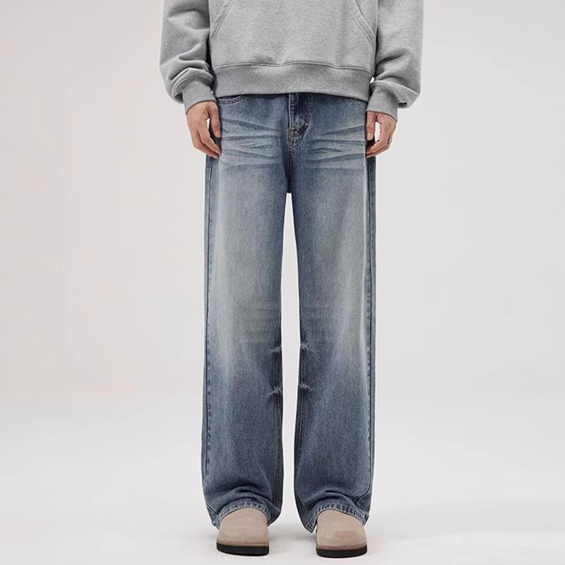 

Unisex Retro Washed Straight-Leg Jeans - Trendy, Loose, and Casual L синій
