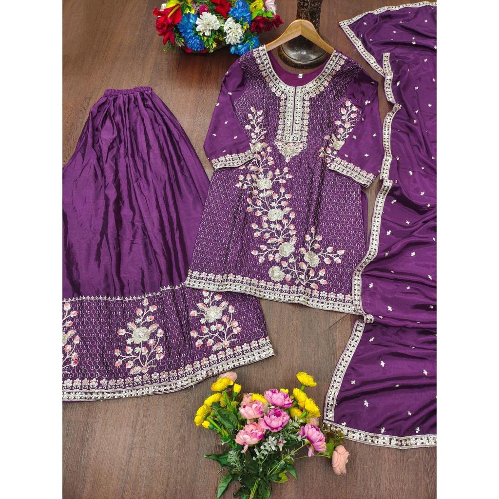 Présentation du nouveau costume Sharara en Chinon Brodé Design avec Broderie à Sequins et Travail Multi-Fil