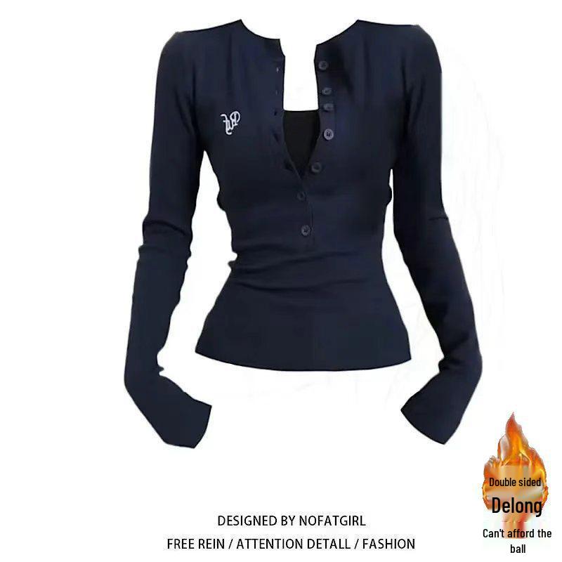 Women's Button-Up Plush Long-Sleeve Crop Top - 2025 Autumn/Winter American Spicy Girl Collection