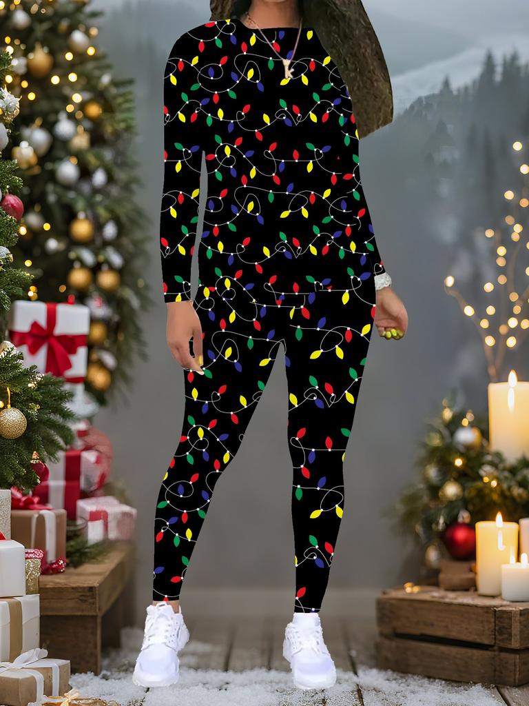 Dam Julmönstrad 2-delad Outfit: Långärmad topp med rund hals & byxor, Holiday Limited Casual Party Gift Kostym