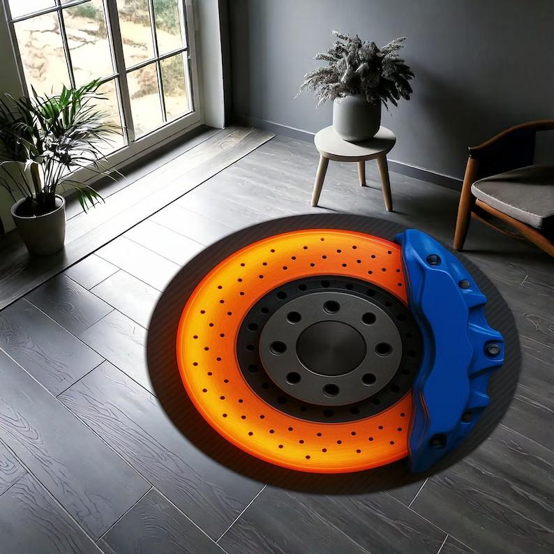 

Brake Disc Round Carpet Hot Wheels Racing Decor Car Enthusiast Rug Red Caliper Auto Garage Floor Mat Sporty Home Rug 80x80cm