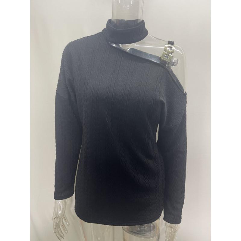 Autumn Winter Fashion Sexy Slanted Shoulder Chain Pullover Tops  Off Shoulder Long Sleeved Casual Simple Streetwear Blouse Knit Solid Turtleneck Shirt