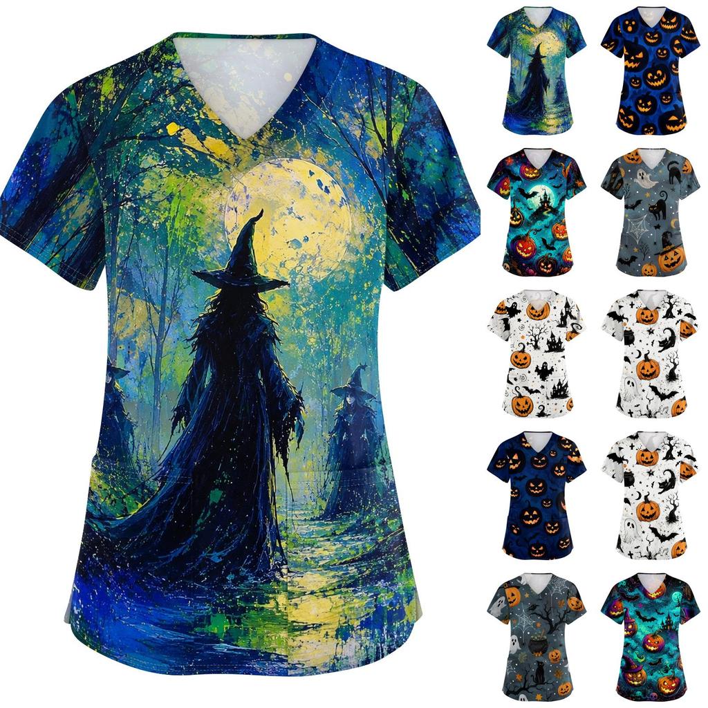 Women V Neck Short Sleeve Printed Scrub Top with Pockets and Side Slits for Work Uniforms Holiday Theme