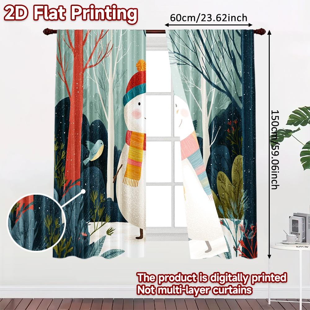 2pcs, 2D FLAT PRINTING Curtains (Without Rod) Snowy Friend Christmas Festival Fashion Curtains Polyester Curtains Thermal