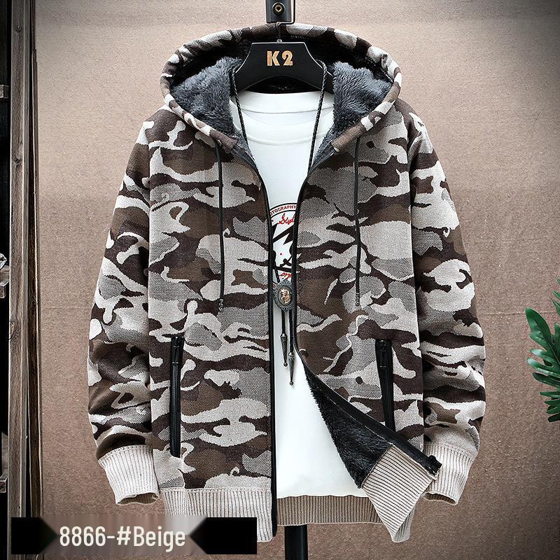 Men's Korean Style Camouflage Velvet Hoodie - Casual Autumn/Winter Knitwear