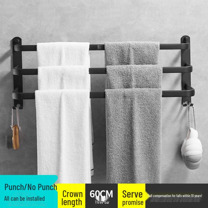 Černý hliníkový koupelnový držák na ručníky bez vrtání s třípatrovou policí a věšákem