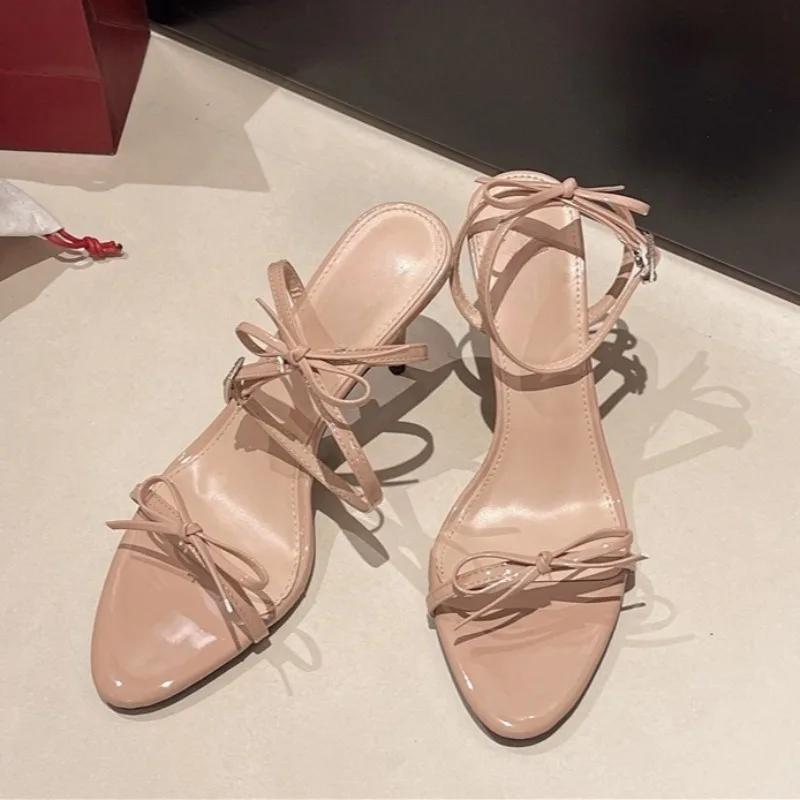 Fashion Bow Women Heeled Sandals Naked High Heels Shoes Woman Slingback 2025 Trend Summer Dress Square Toe Pumps Shallow Sandalias Mujer