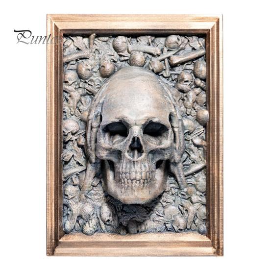 Halloweenský kostlivec pryskyřičný fotorámeček gotický nevidím/neslyším/nemluvím hlava lebky závěsná dekorace pro domácí kancelářskou expozici