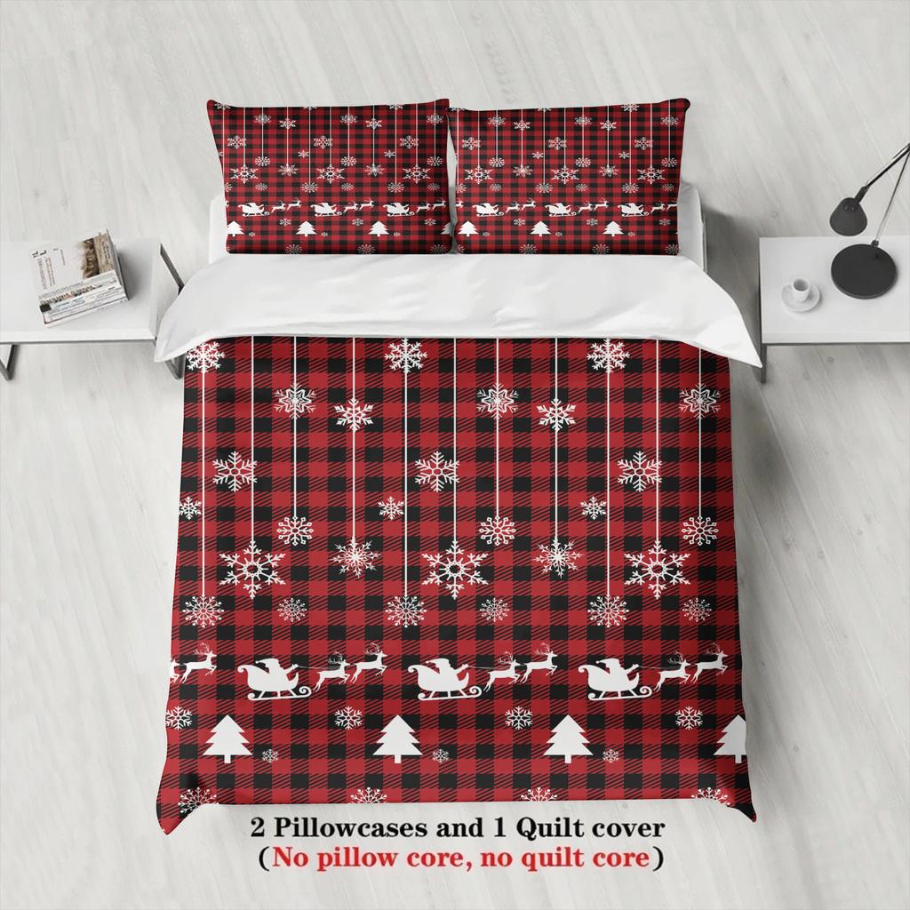 3-teiliges Bettbezug-Set mit Weihnachtsmotiv - Weicher, atmungsaktiver und hypoallergener Stoff - Kariertes Elch-Schneeflocken-Druckdesign, P
