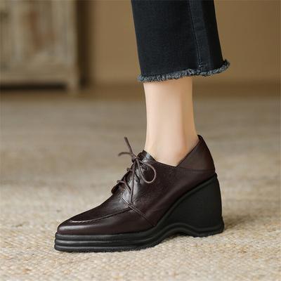 Fashion New Spring Sheep Leather Women Shoes Pointed Toe Women Pumps Platform Shoes for Women Lace High Heel Wedges Loafers Ladies Shoes