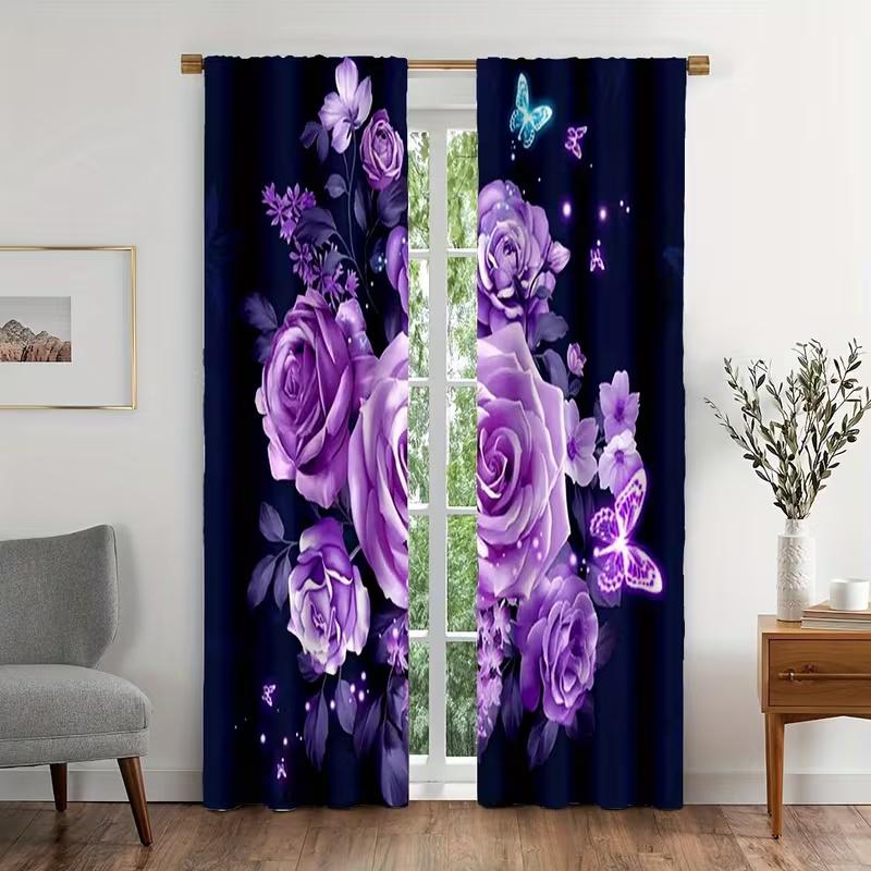 2 Pcs Purple Rose Butterfly Print Curtains,suitable for Bedroom,living Room Kitchen Decoration,home Decoration,window Decoration