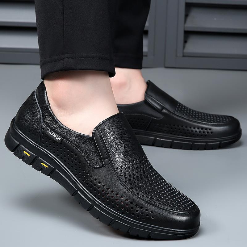 

Men s shoes summer soft-soled breathable hollow dress cool leather shoes men s genuine leather business leisure hole middle old dad shoes 44