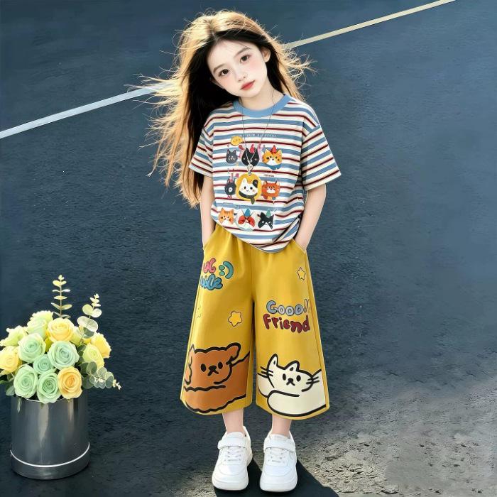 Girls Cartoon Print Summer Set 2026: Cute Top & Wide-Leg Pants with Trendy Dopamine Stripes for Older Kids 150 cm