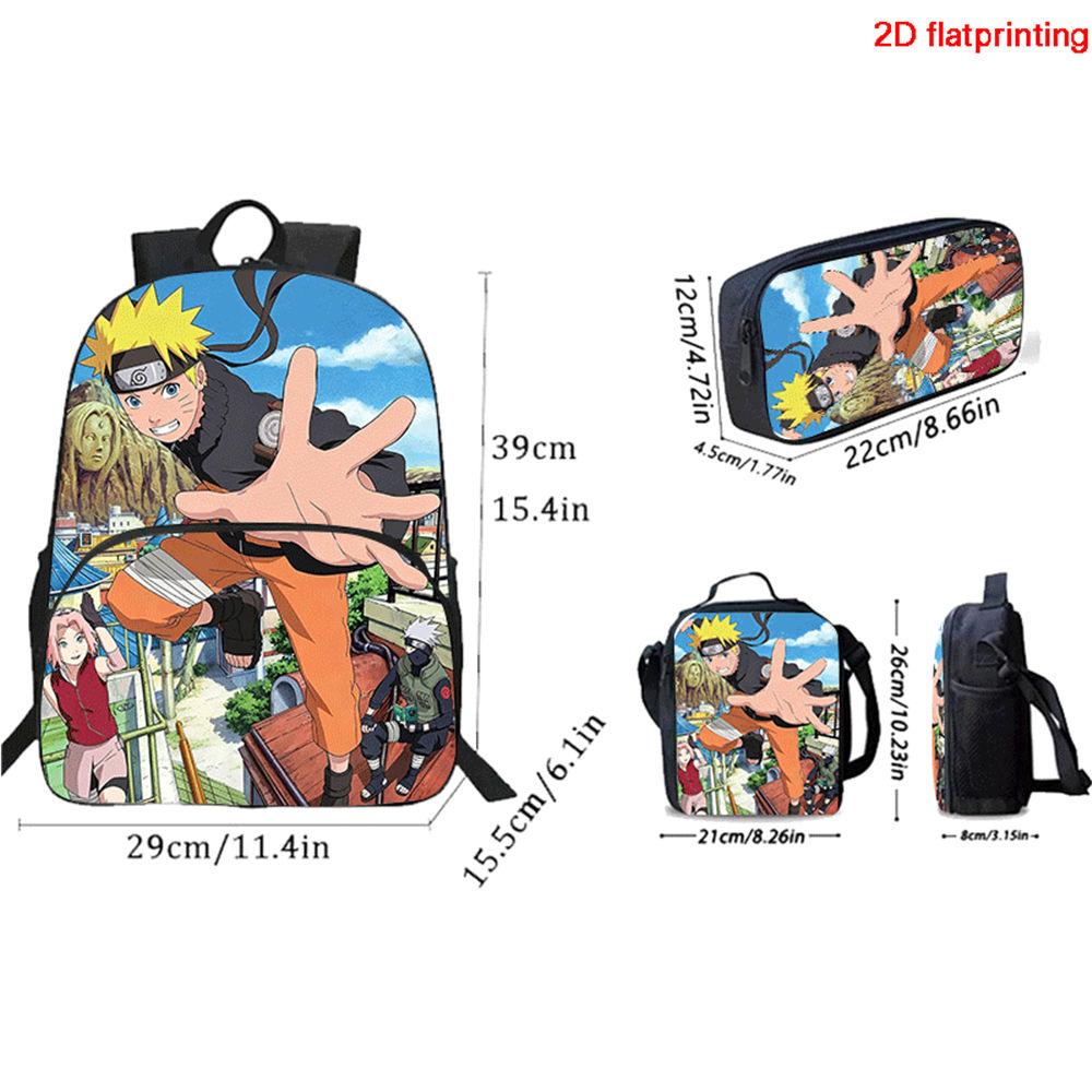 3Pcs Set NARUTO Anime School Backpack with Front Pocket, Lunch Bag & Pencil Bag, Lightweight & Durable for Boys & Girls Age 4-10