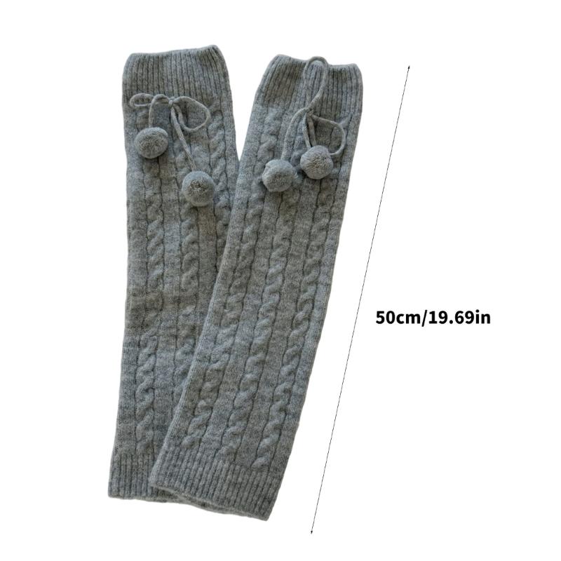 Fashionable Plush Balls Bows Adorned Leg Warmers for Women's Cable Knitted Stretchy Leg Covers Sleeves Calf Socks