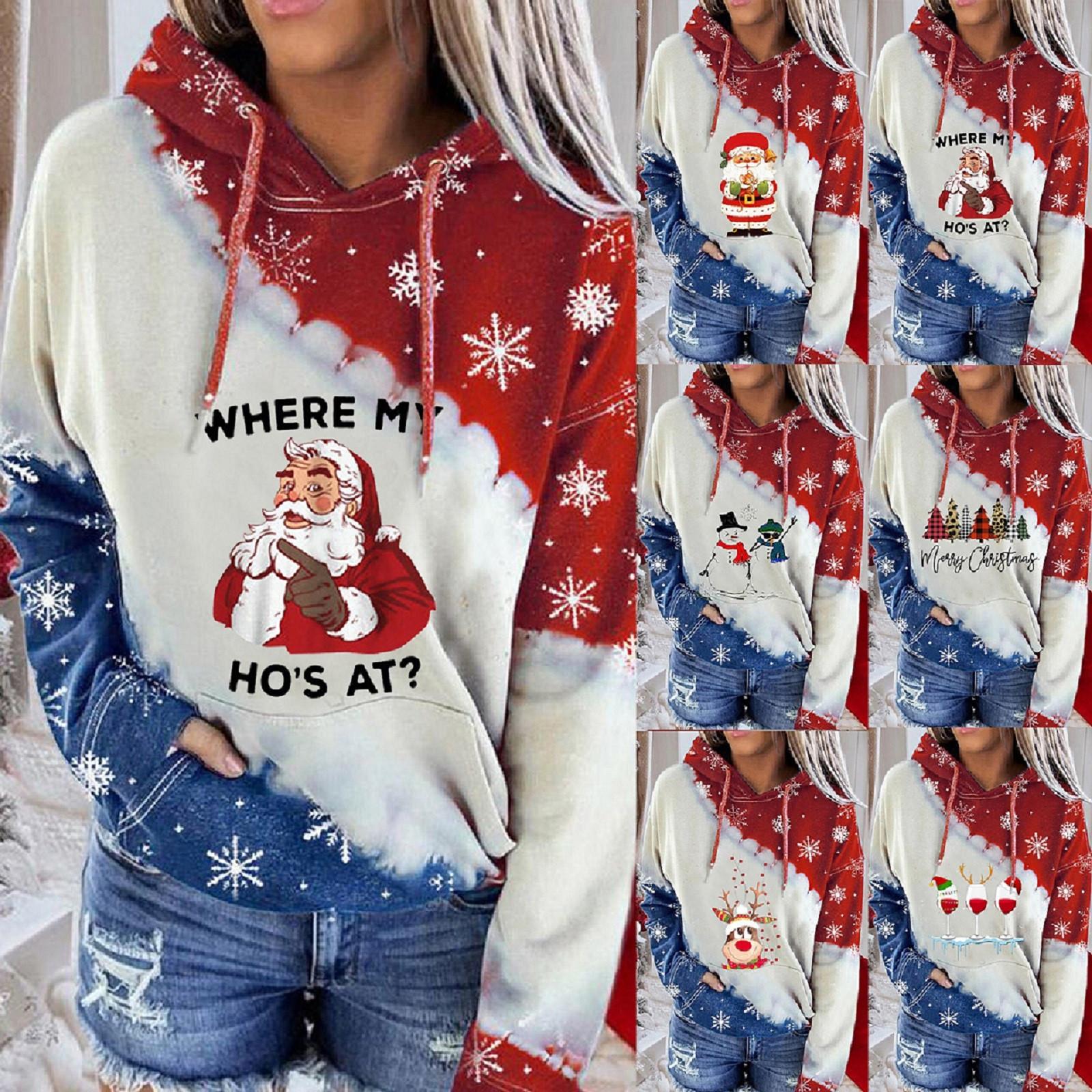 

Дамы Рождественский печатный цвет Блок с капюшоном с длинным рукавом Пуловер Повседневные толстовки